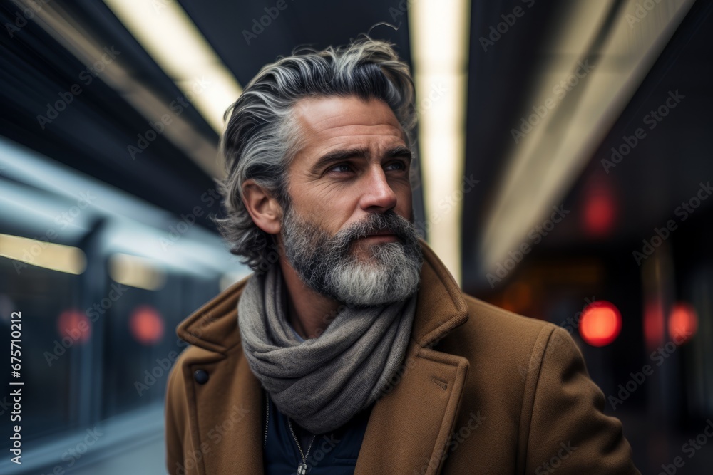 Portrait of a senior man with gray hair and beard, wearing a brown coat and scarf, standing in an underground metro station. Portrait of a senior man with gray hair and beard, wearing a brown coat and scarf, standing in an underground metro station.