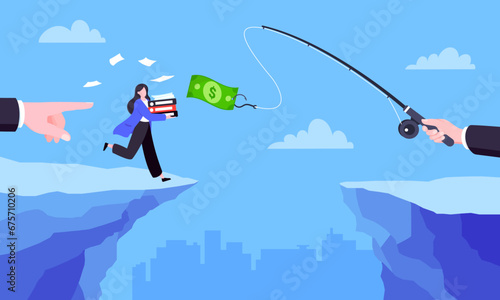 Fishing money chase business concept with businesswoman running after dangling dollar jumps over the cliff. Working hard and always busy in the loop routine flat style design vector illustration.