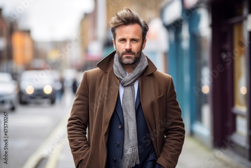 Portrait of a handsome middle-aged man wearing a coat and scarf. © Nerea