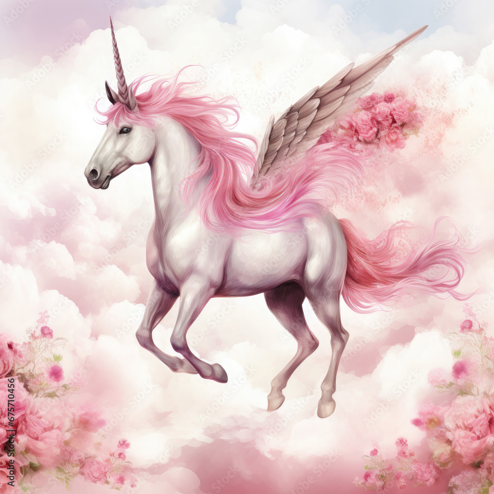 Pink Unicorn Above The Clouds Illustration, Generative Ai Pink Unicorn Above The Clouds Illustration, Generative Ai