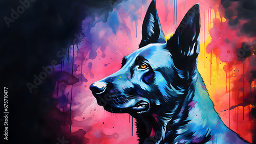 Panoramic watercolor potrait of Belgian Malinois Shepherd Dog with copy space.