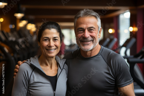 Portrait of beautiful elderly sportive couple in gym, Healthy lifestyle