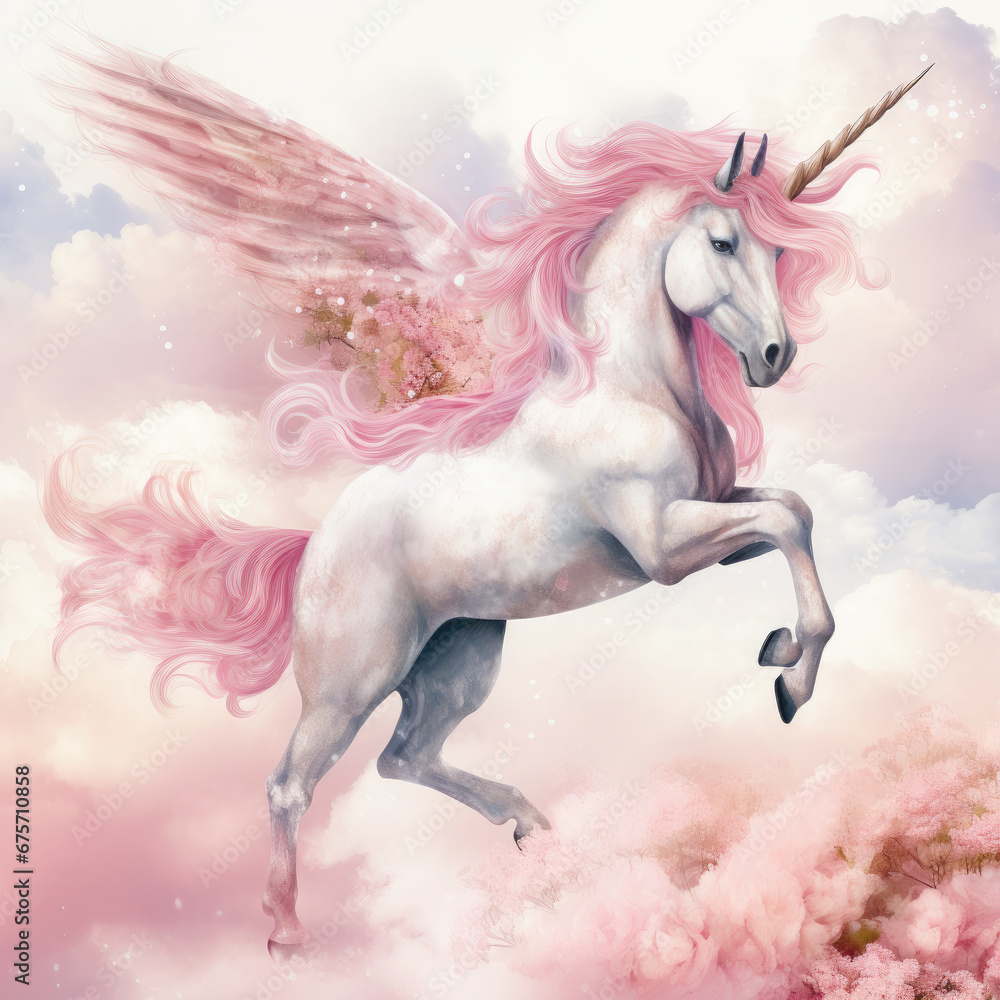 Naklejka premium Pink Unicorn Above The Clouds Illustration, Generative Ai
