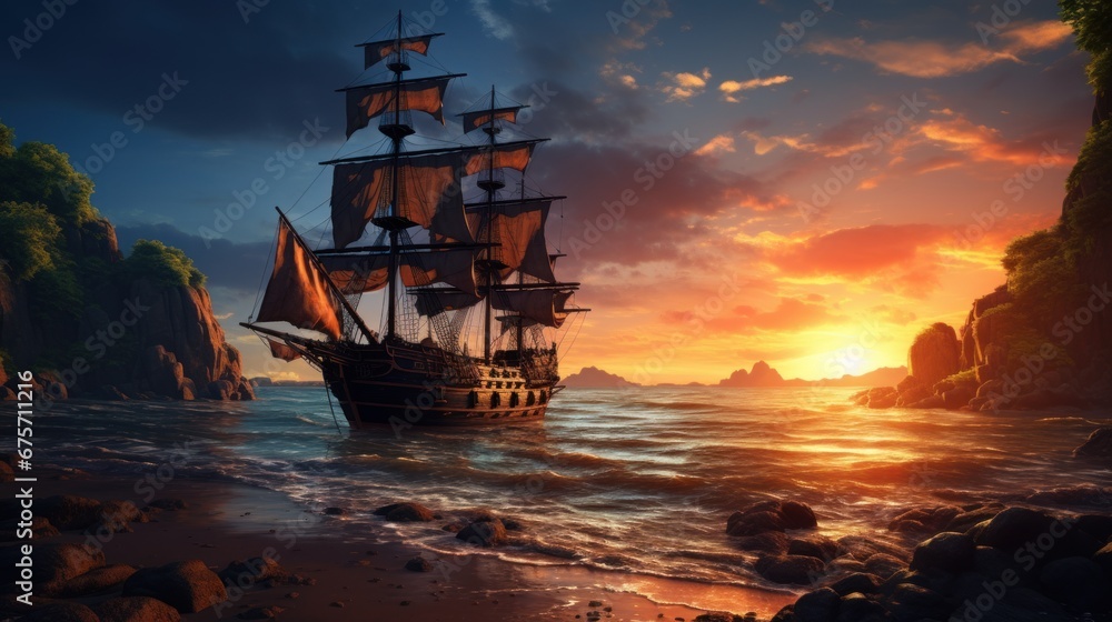 Fototapeta premium Pirate ship in a tropical cove or bay at sunset, landscape, wide banner
