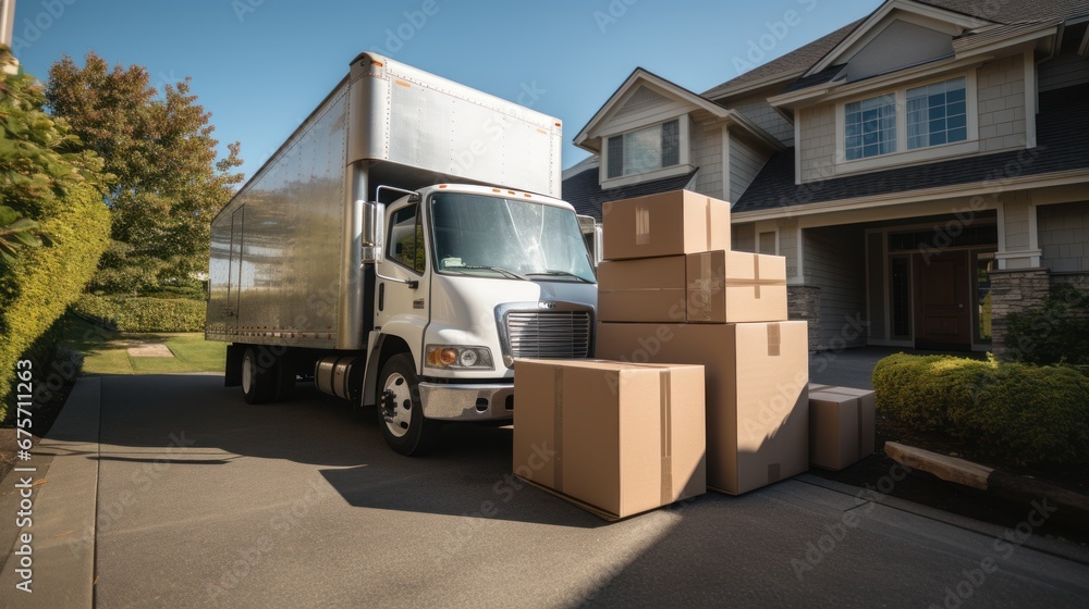 Obraz premium An open moving truck filled with cardboard boxes in the driveway of a suburban house