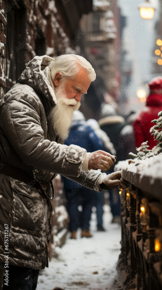 Santa Claus Decorating Snowy City Railing During Holiday Season

