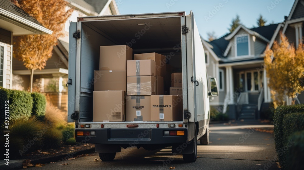 An open moving truck filled with cardboard boxes in the driveway of a suburban house