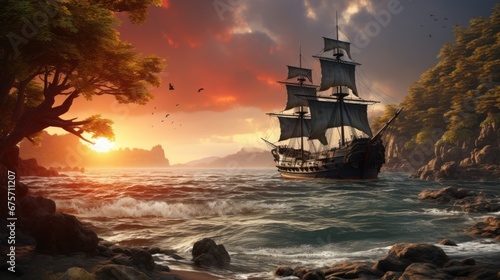 Fotografiet Pirate ship in a tropical cove or bay at sunset, landscape, wide banner