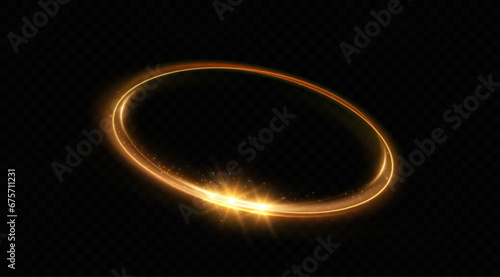 Abstract sparkling golden frame light effect on transparent background. Spark with ring glossy line 
