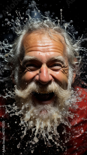 Joyful Senior Man with Beard Splashed with Water  