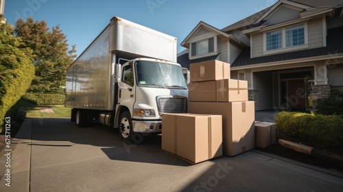 An open moving truck filled with cardboard boxes in the driveway of a suburban house © sirisakboakaew