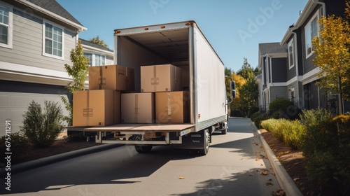 An open moving truck filled with cardboard boxes in the driveway of a suburban house © sirisakboakaew