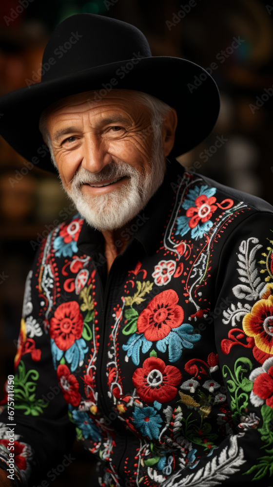 Elderly Cowboy in Embroidered Floral Shirt

