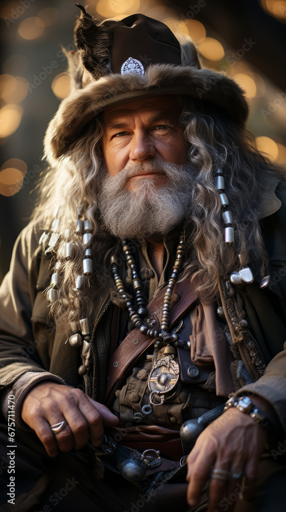 Portrait of a Bearded Man in a Vintage Pirate Costume

