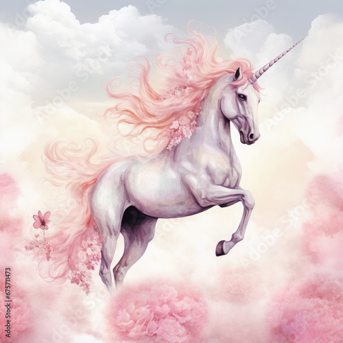 Pink Unicorn Above The Clouds Illustration  Generative Ai