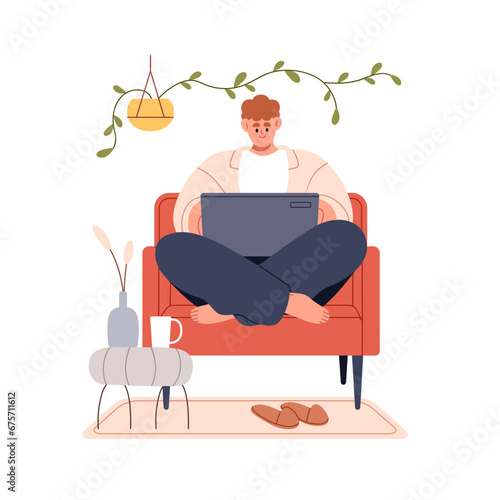 Person works at laptop online in internet, sitting in armchair at home. Young man, freelancer at notebook computer. Remote freelance worker. Flat vector illustration isolated on white background