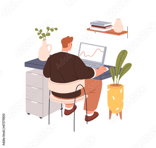 Business man works at laptop computer screen, sitting in chair at table, desk...