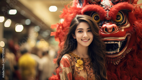 Chinese girl in a red Chinese costume in front of a Chinese lion in the Chinese new year