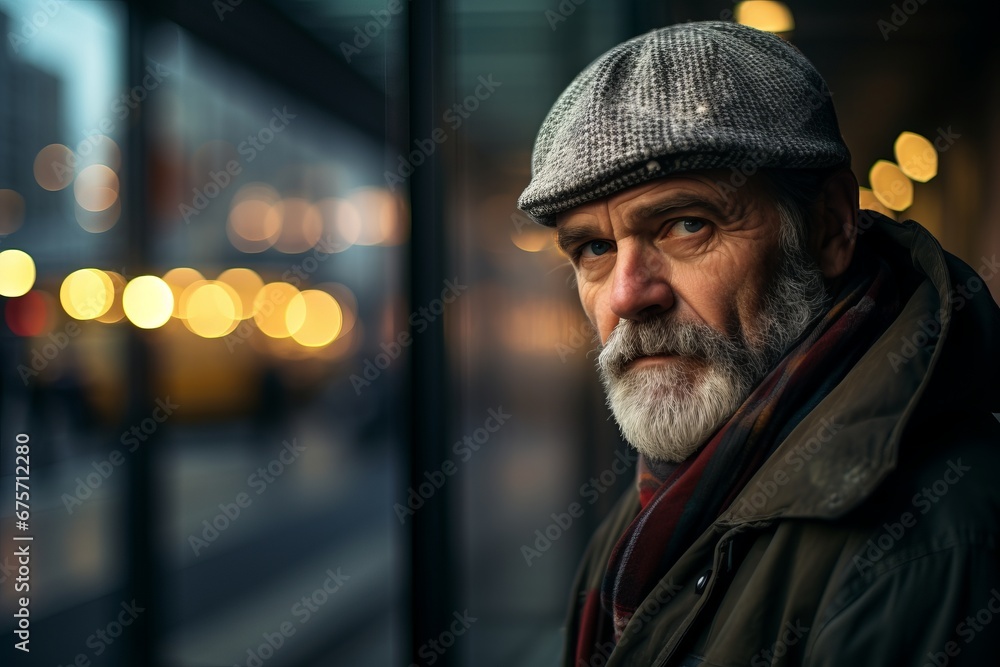 Portrait of a senior man with gray beard and gray hair in the city at night