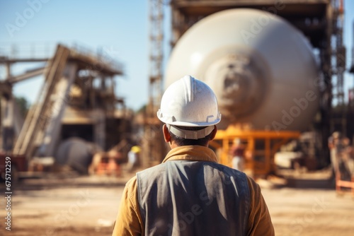 Civil Engineer hold hard hat background of concrete mixer and pump of cement.