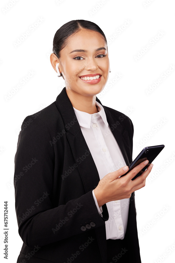 Portrait, phone and earphones of a business woman isolated on a transparent PNG background. Female person or employee smile with mobile smartphone app for communication, networking or social media Portrait, phone and earphones of a business woman isolated on a transparent PNG background. Female person or employee smile with mobile smartphone app for communication, networking or social media