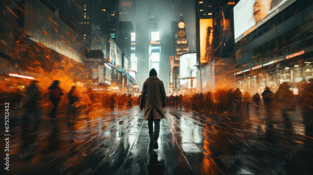 Creative ultra wide angle photography of New York City streets, high blur, long exposure photography, cinematic