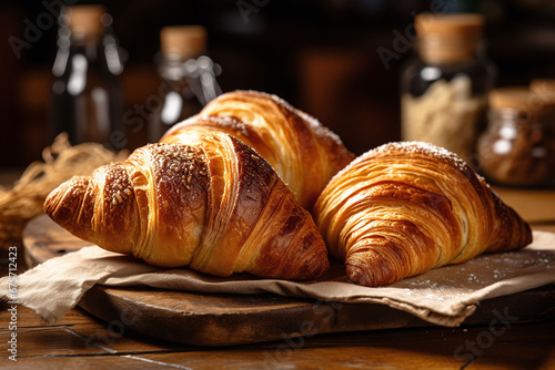 Homemade croissant wood background