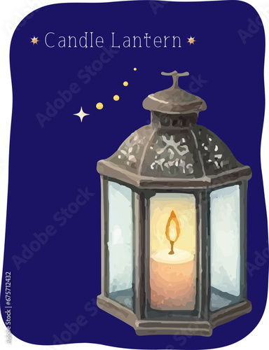 夜に光るお洒落なランタンの水彩タッチのイラスト