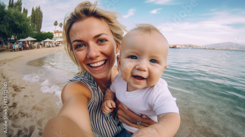 Fun weekend alfresco. smiling active mother and daughter in beachwear in the seaside action cam taking selfie © PaulShlykov