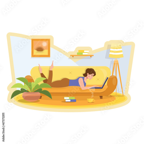 A girl lies on the couch at home and works remotely at her laptop. In the background there is a home interior with paintings and shelves with books. There is also a green plant in a pot and a large cu