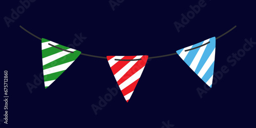 Hanging flags. Multi-colored stripes. Greeting decoration. 
