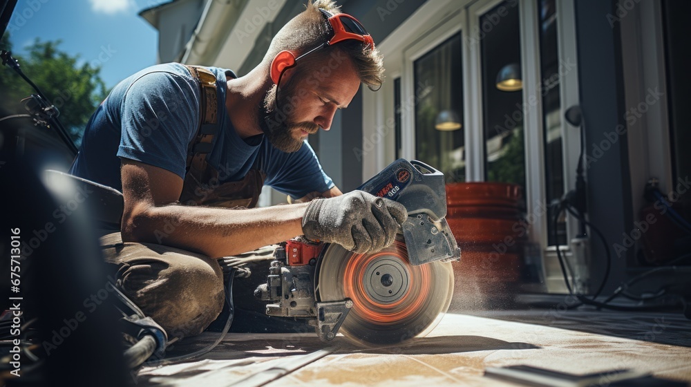 Construction worker cuts concrete floor for electrical cable, builder ...