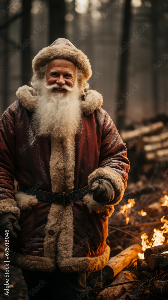 Traditional Santa Claus in Natural Setting with Fire in Background

