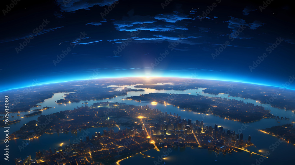 Panoramic view on planet Earth globe from space. Glowing city lights, light clouds Panoramic view on planet Earth globe from space. Glowing city lights, light clouds