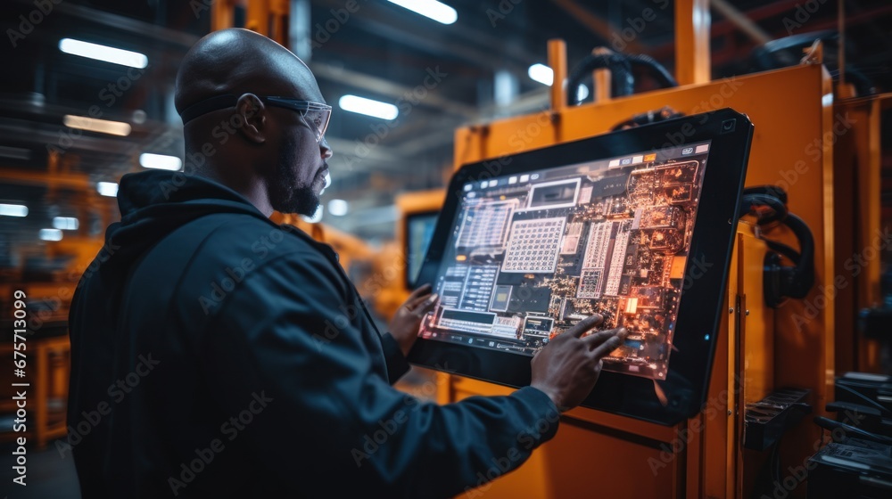 Control and Setting of CNC equipment, Engineer african Industry work with tablet computer on modern automatic machine Control and Setting of CNC equipment, Engineer african Industry work with tablet computer on modern automatic machine