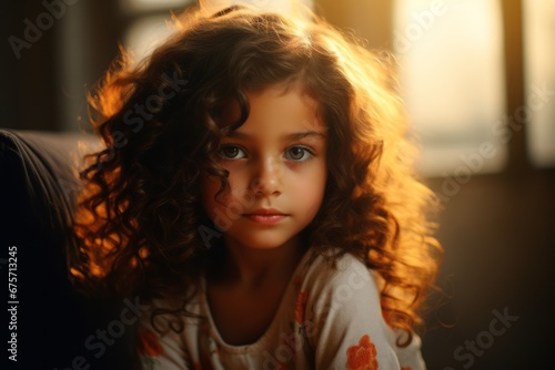 portrait of a beautiful little girl with curly hair in the room