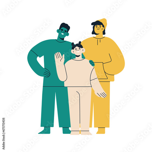 Young parents and kid, modern family portrait. Happy father, mother and girl child. Smiling joyful mom, dad, daughter standing together. Flat vector illustration isolated on white background
