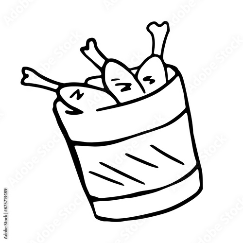 Fried chicken in a bucket in doodle style. Fast food illustration.