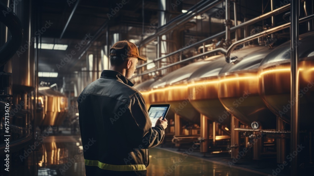 Factory worker inspecting production line with reservoirs or tanks with beer plant with computer tablet.