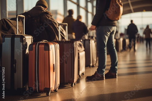 many people with baggage in a row in airport terminal photo