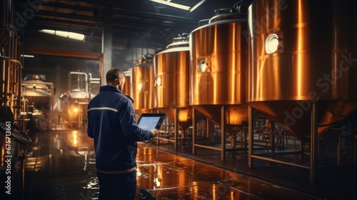 Factory worker inspecting production line with reservoirs or tanks with beer plant with computer tablet.