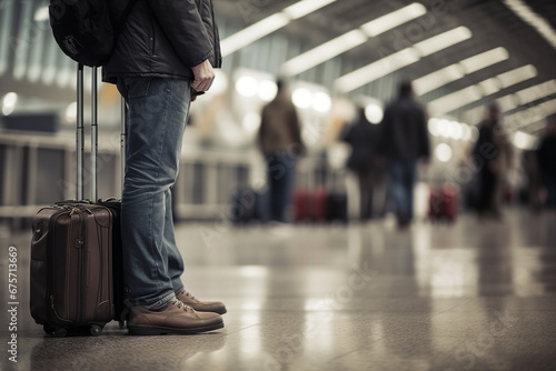 man stand with baggage in airport terminal