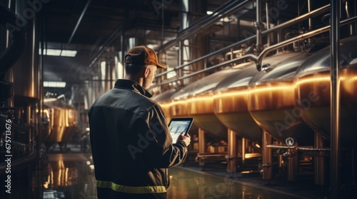 Factory worker inspecting production line with reservoirs or tanks with beer plant with computer tablet. photo