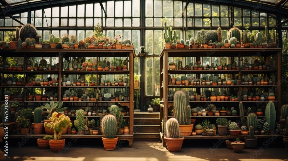 Garden shop, industrial greenhouse Various types of cacti in various pots