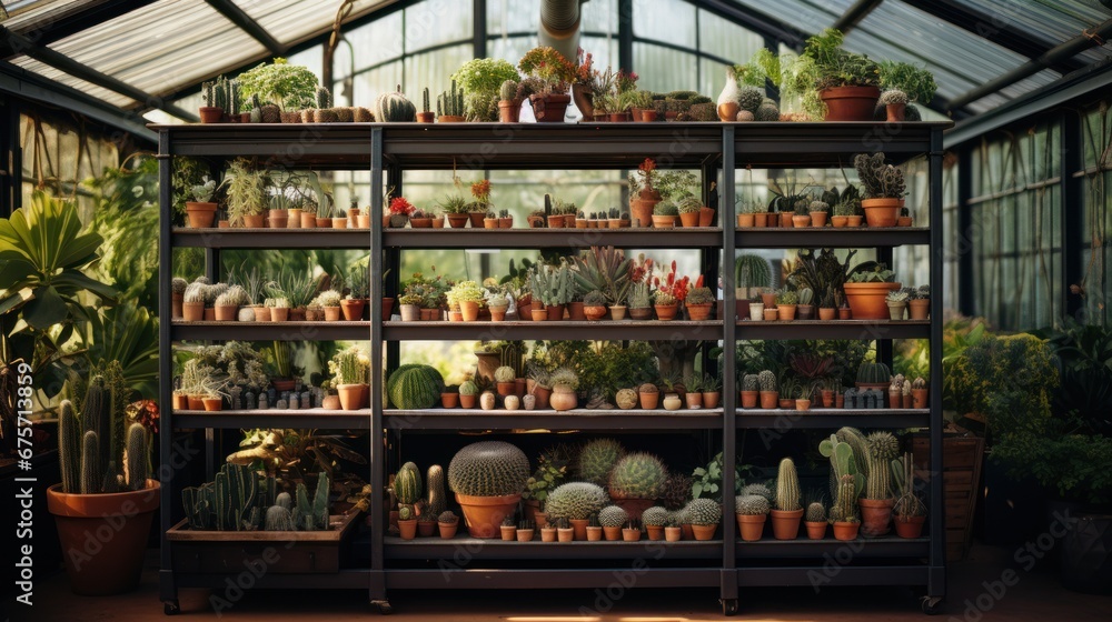 Garden shop, industrial greenhouse Various types of cacti in various pots - obrazy, fototapety, plakaty 