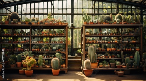 Garden shop, industrial greenhouse Various types of cacti in various pots © sirisakboakaew