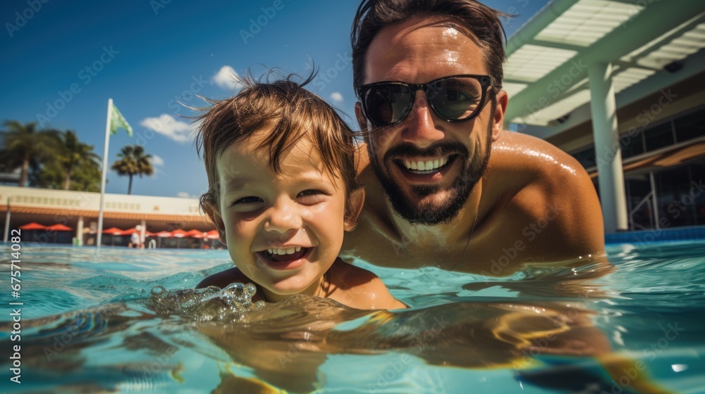 Father and son playing in the swimming pool