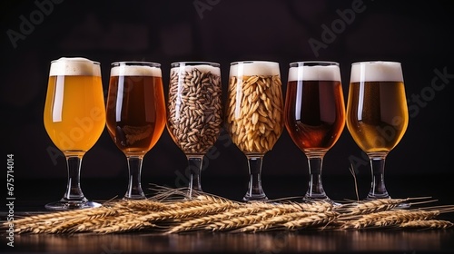 Glasses with various malted grain, wheat. photo