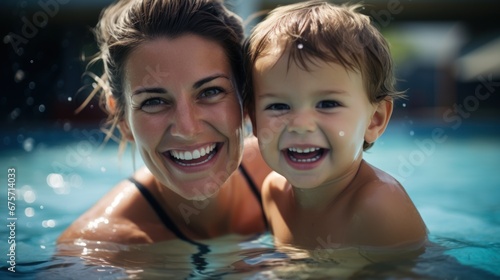 Happy coach woman and child in pool learning to swim for children