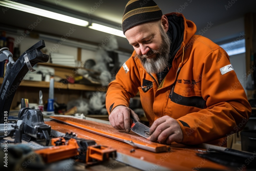 Repairman removing excess wax with special scraper process in workshop Repairman removing excess wax with special scraper process in workshop